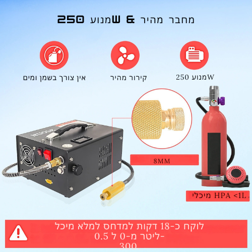 ™Vorta | משאבת אוויר ניידת PCP – 12VDC/110V, ללא שמן/מים